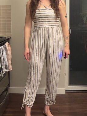 India boutique Cream and Navy Vertical Stripe Strapless Jumpsuit